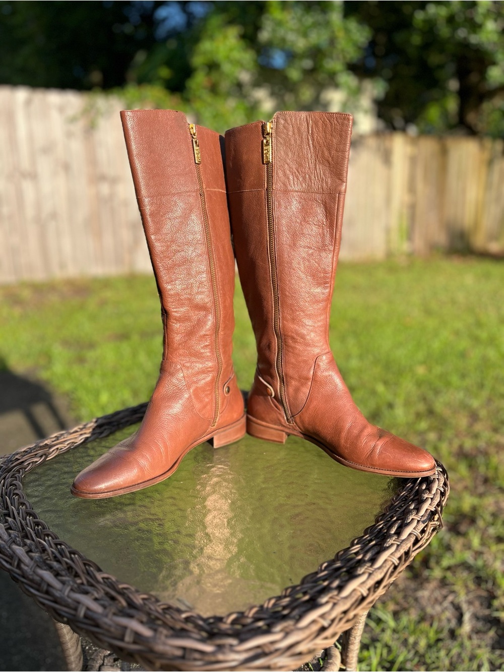 Michael Kors Tall Brown Leather Riding Boots Women Size 9 Gold Hardware - Picture 8 of 8